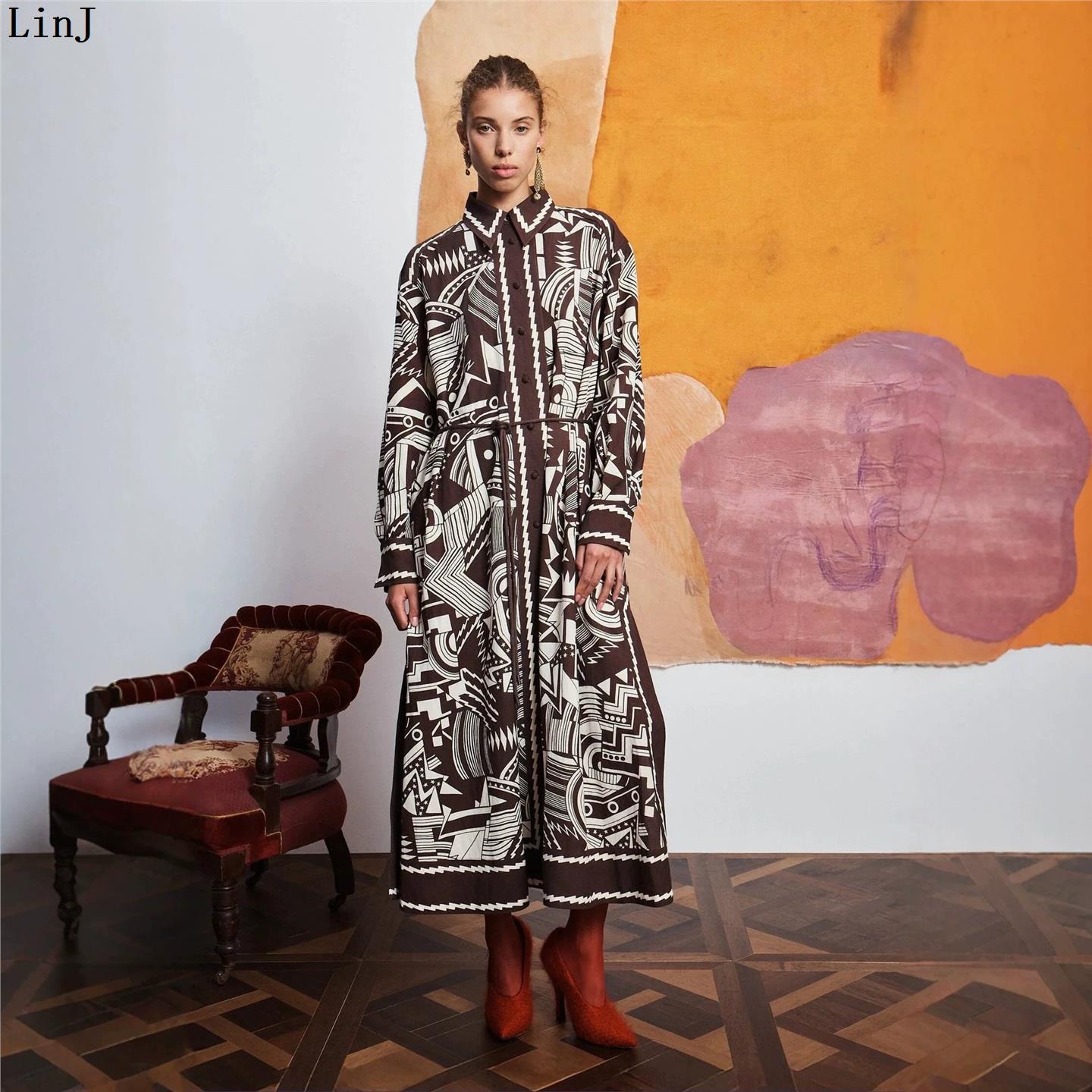 Belted Shirt Dress - ชุดเดรสลำลองแขนยาวสำหรับผู้หญิงพร้อมเข็มขัด คอปกเสื้อเชิ้ต แฟชั่น ผลิตจากโพลีเอสเตอร์ ชิ้นเดียว ใส่ได้ในฤดูใบไม้ผลิ