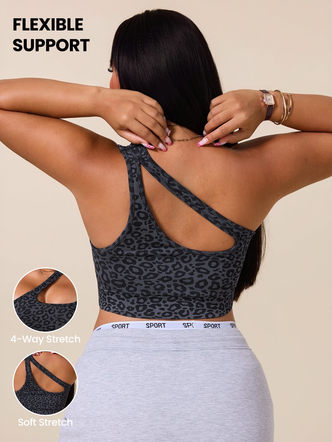 Asymmetric Top Women - เสื้อชั้นในกีฬาแบบไม่สมมาตรสำหรับผู้หญิงไซส์ใหญ่ ลายเสือดาว ดีไซน์เว้าช่วงอก เสื้อโยคะผ้าริบ ชุดออกกำลังกาย