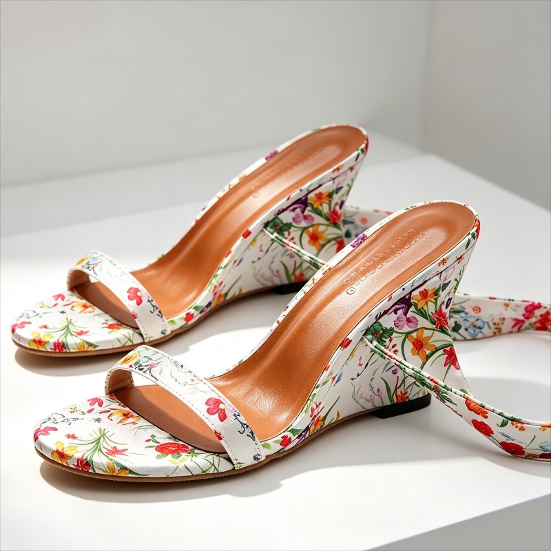 Floral Summer Dress - รองเท้าส้นเตารีดสไตล์โบฮีเมียน ประดับด้วยริบบิ้นลายดอกไม้ ดีไซน์เปิดหน้าเท้า ส้นสูง เซ็กซี่ สำหรับผู้หญิง