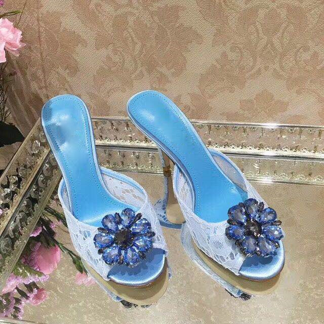 Floral Summer Dress - ฤดูร้อนเพชรดอกไม้ลูกไม้ส้นสูงรองเท้าแตะ Peep Toe คริสตัล Slingback Street