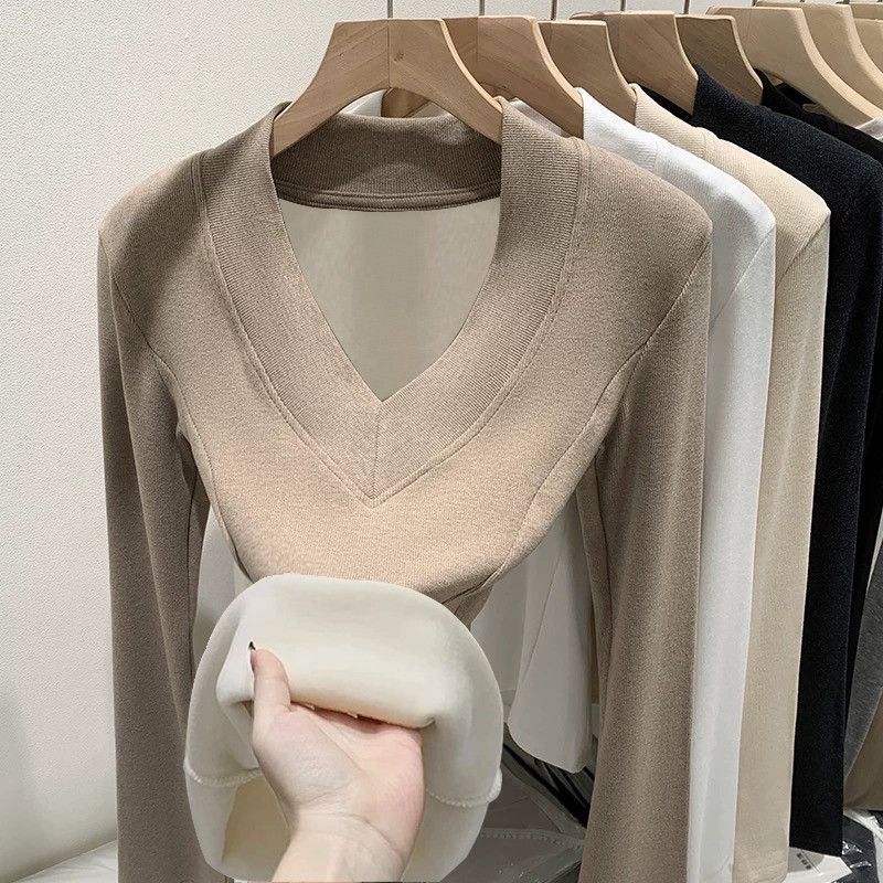 Women Fashion Wear - เสื้อผู้หญิงไซส์ใหญ่ คอวี ซับในขนแกะ หนา อุ่น ใส่เป็นเสื้อตัวใน