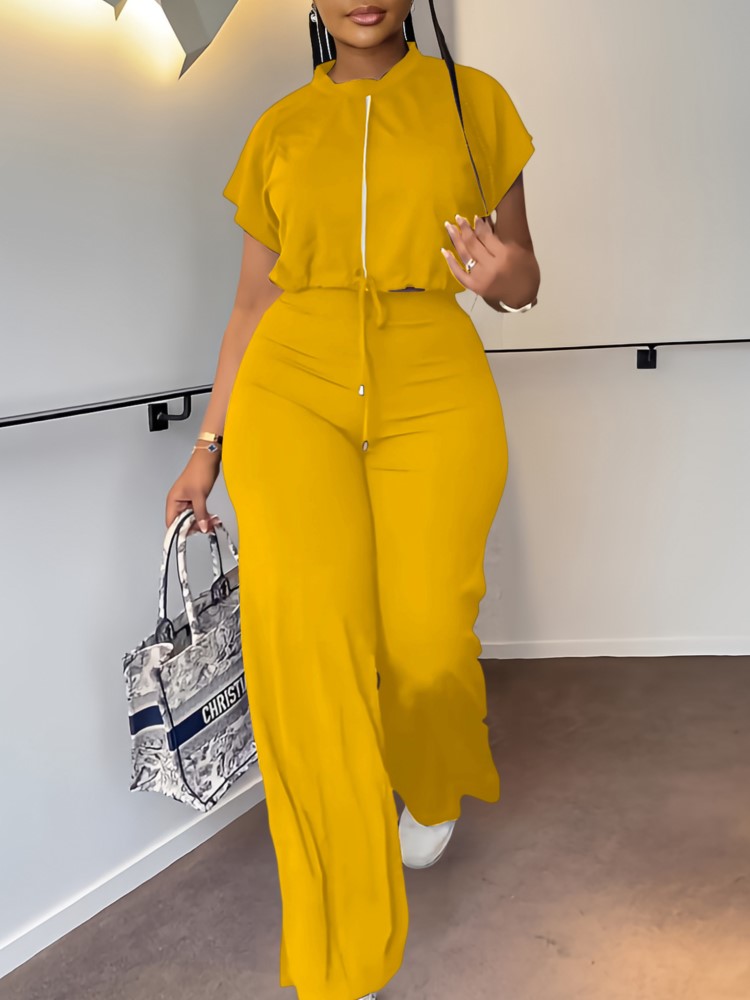 Wide Leg Palazzo Pants - ผู้หญิงสบายๆรอบคอสายรัดแขนสั้นด้านบนและกางเกงเอวสูงชุดฤดูร้อน 2 ชิ้นชุดชุดชุดหญิง
