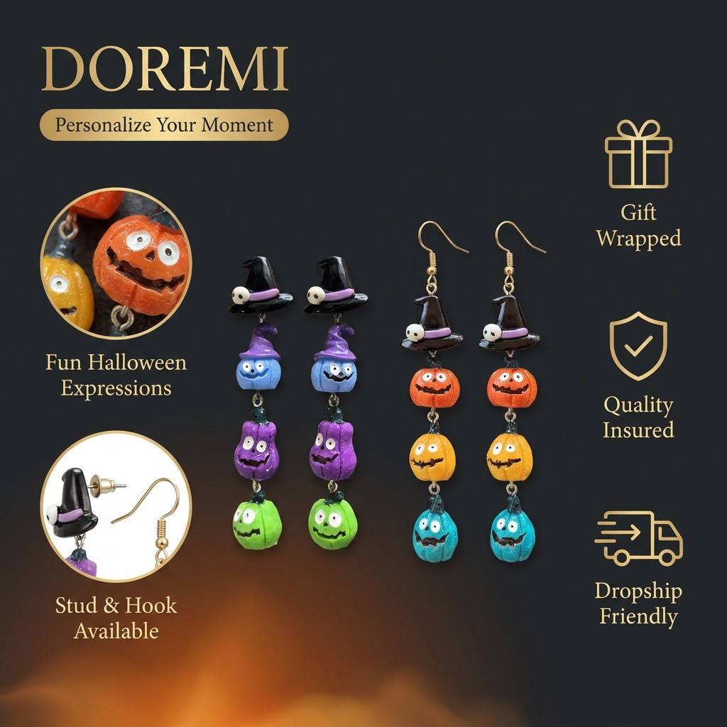Women Fashion Fun - ต่างหูสแตนเลสกันน้ำ DOREMI ลายฮาโลวีน ฟักทอง หมวกแม่มด สไตล์น่ากลัว