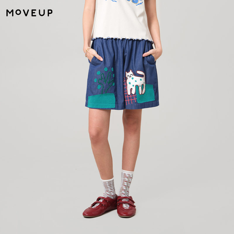 Women Fashion Fun - MOVEUP กางเกงขาสั้นผ้ายีนส์ขากว้างลำลอง 2026 ฤดูร้อนใหม่สนุกสนานปักกระเป๋าผ้าฝ้ายแท้แฟชั่นดีไซน์กางเกงขาสั้นสำหรับผู้หญิง 3ELX40314