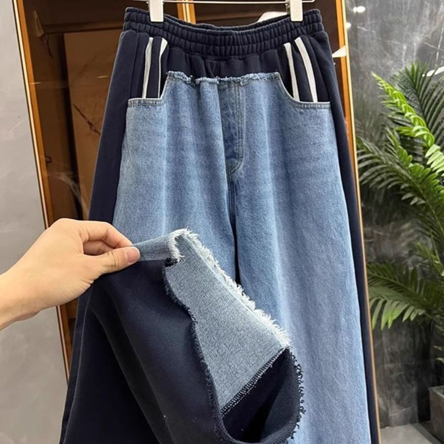 Mom Jeans Women - แฟชั่นHeavy Duty Patchwork Denim Sweatpantsผู้หญิง2025ฤดูใบไม้ร่วงใหม่สูงเอวElasticเอวCommuterกางเกงขากว้าง