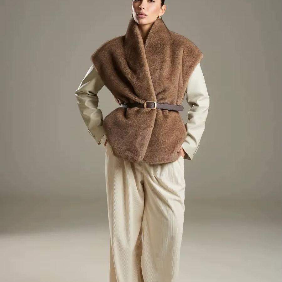 Women'S Fashion Gilet - เสื้อกั๊กขนสัตว์สำหรับผู้หญิง IG26 แบบไม่มีแขน ปกกว้าง คอวีลึก ปรับได้ด้วยเข็มขัดผูกเอว
