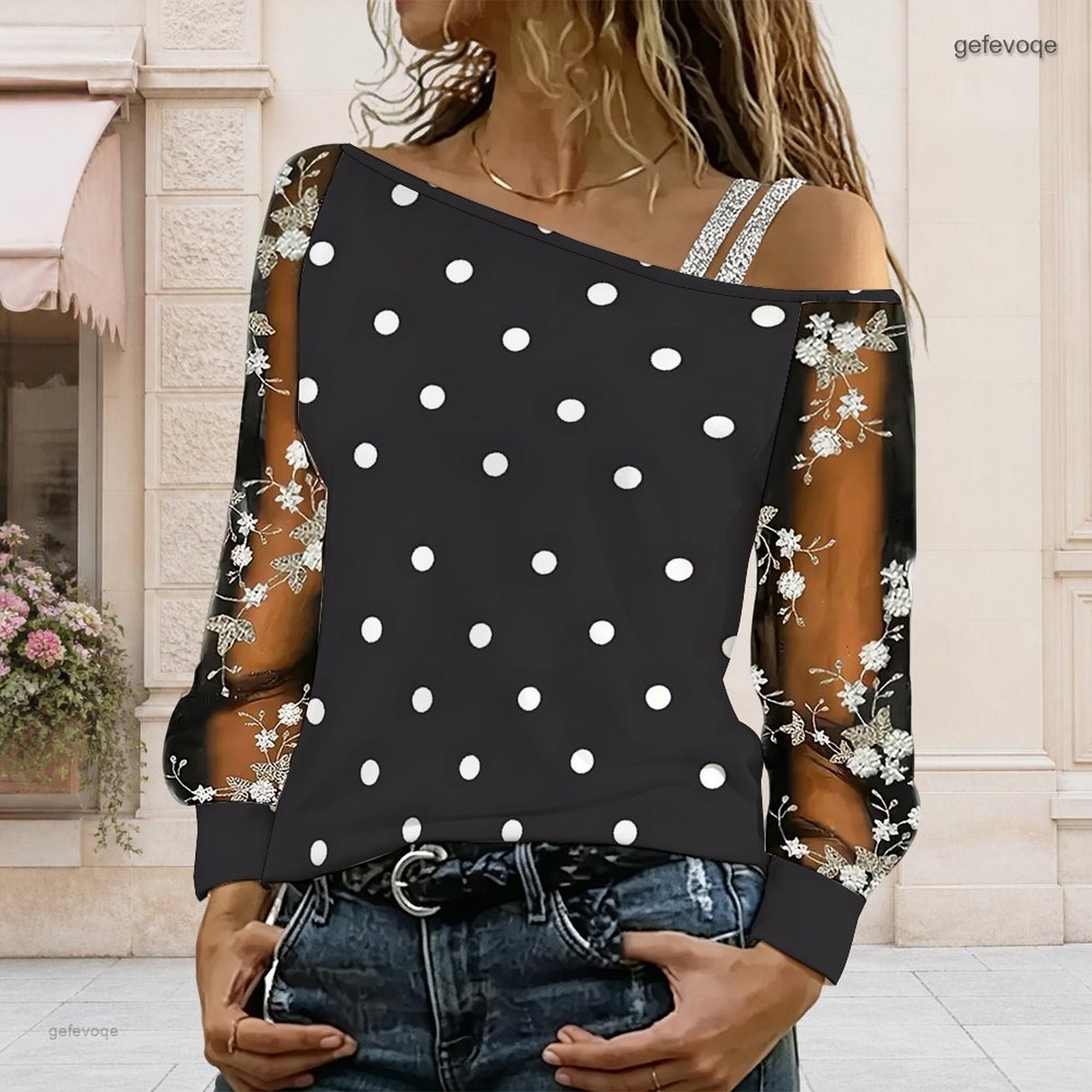 Asymmetric Top Women - เสื้อผู้หญิงเปิดไหล่ ทรงไม่สมมาตร ไหล่เดียว แต่งลูกไม้ลายดอกไม้ ผ้าตาข่าย แขนยาว