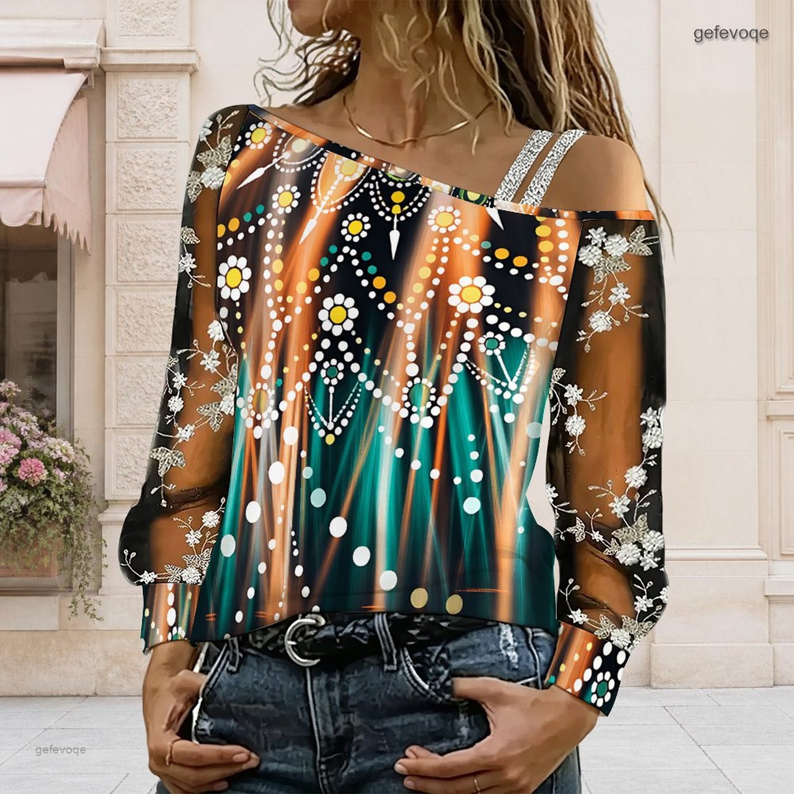 Asymmetric Top Women - เสื้อผู้หญิงเปิดไหล่ ทรงไม่สมมาตร ไหล่เดียว แต่งลูกไม้ลายดอกไม้ ผ้าตาข่าย แขนยาว