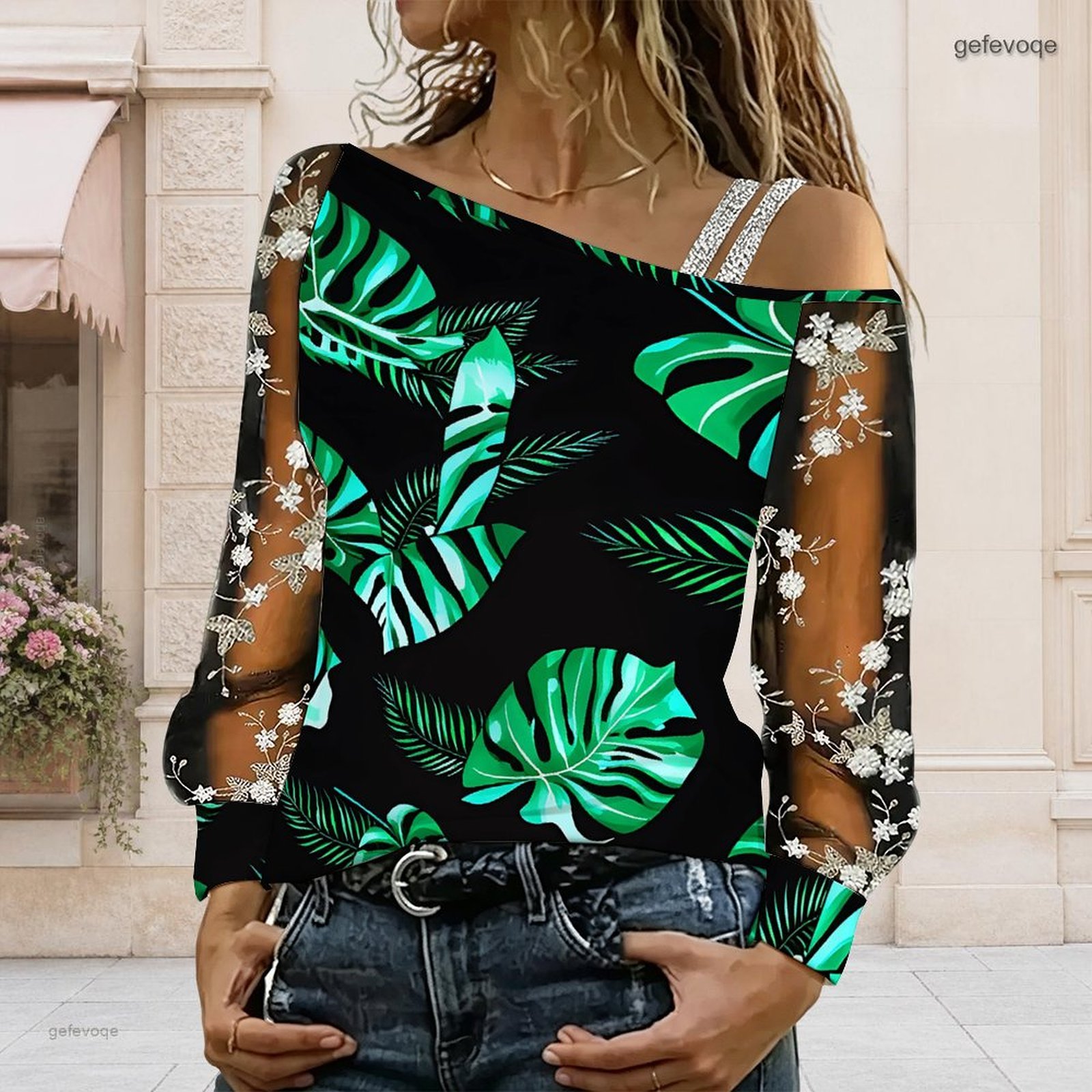Asymmetric Top Women - เสื้อผู้หญิงเปิดไหล่ ทรงไม่สมมาตร ไหล่เดียว แต่งลูกไม้ลายดอกไม้ ผ้าตาข่าย แขนยาว