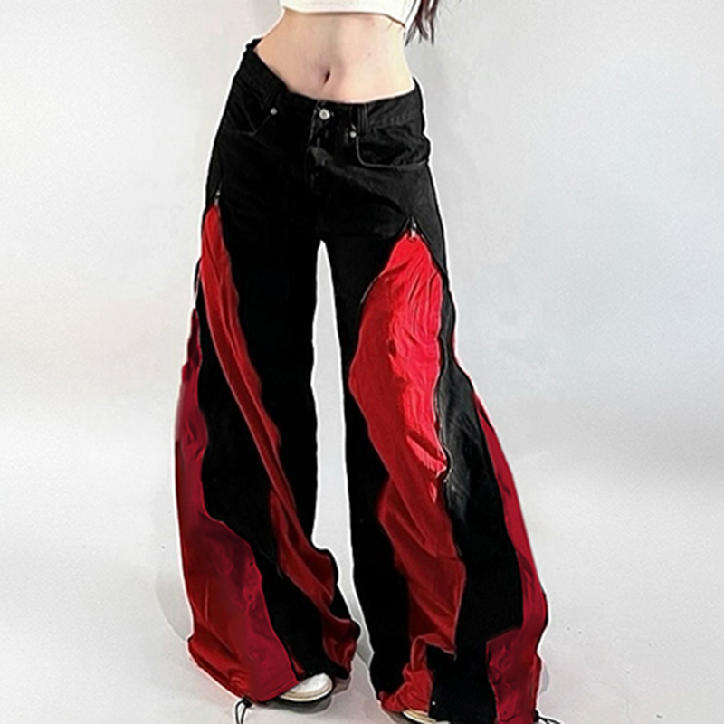 Mom Jeans Women - กางเกงขายาวทรงขากว้างสไตล์สตรีทแวร์ แต่งซิปสีเข้ม ตัดต่อสีตัดกัน เอวกลาง ดีไซน์เลเยอร์ แฟชั่นฤดูใบไม้ร่วง-ฤดูหนาว