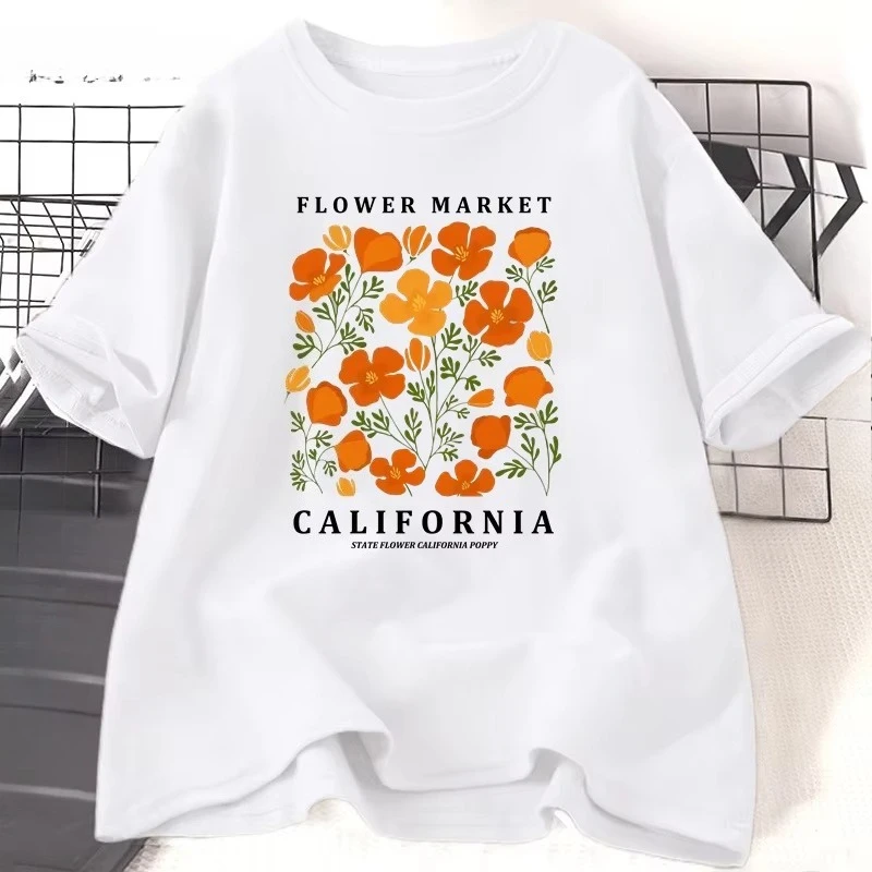 Women'S Fashion Market Size - เสื้อยืดลายดอกไม้แคลิฟอร์เนีย เสื้อยืดผู้หญิง ผ้าฝ้าย ลายดอกไม้ เสื้อยืดลำลอง แขนสั้น