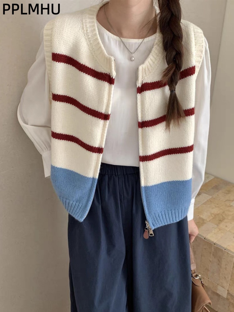 Women'S Fashion Gilet - เสื้อคาร์ดิแกนถักลายทางแบบมีซิป เสื้อกั๊กไหมพรมผู้หญิง สไตล์ลำลอง แขนกุด ทรงหลวม สไตล์เกาหลี
