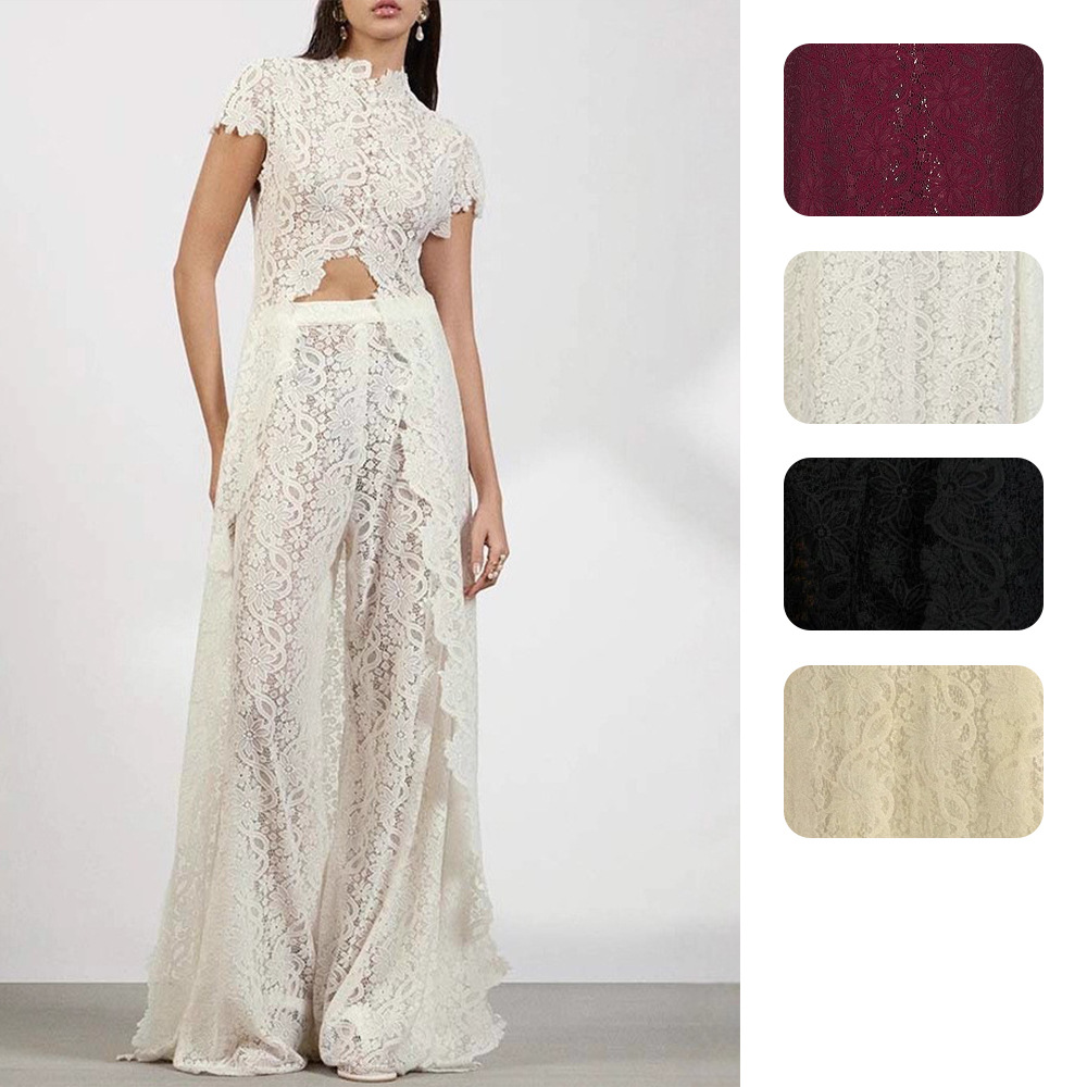 Wide Leg Palazzo Pants - ชุดเซ็ท 2 ชิ้นสำหรับผู้หญิง ผ้าลูกไม้ เสื้อครอปคอเต่าแขนสั้นเว้าเอว +