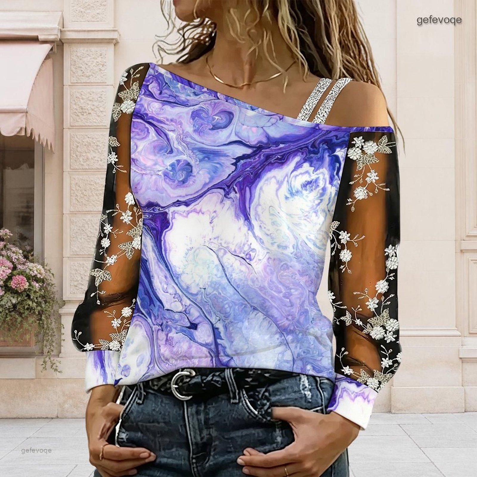 Asymmetric Top Women - เสื้อผู้หญิงเปิดไหล่ ทรงไม่สมมาตร ไหล่เดียว แต่งลูกไม้ลายดอกไม้ ผ้าตาข่าย แขนยาว