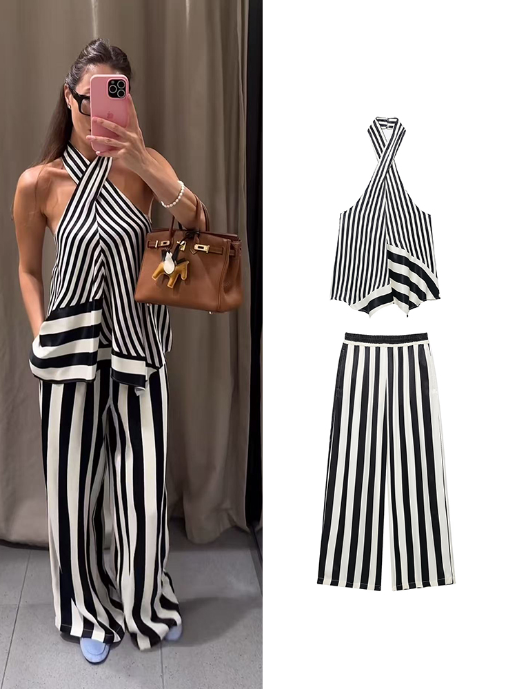 Wide Leg Palazzo Pants - ชุดเซ็ตเสื้อกล้ามคอไขว้ลายทางสำหรับผู้หญิง TFMLN 2026 พร้อมกางเกงขายาวทรงหลวม สีตัดกัน