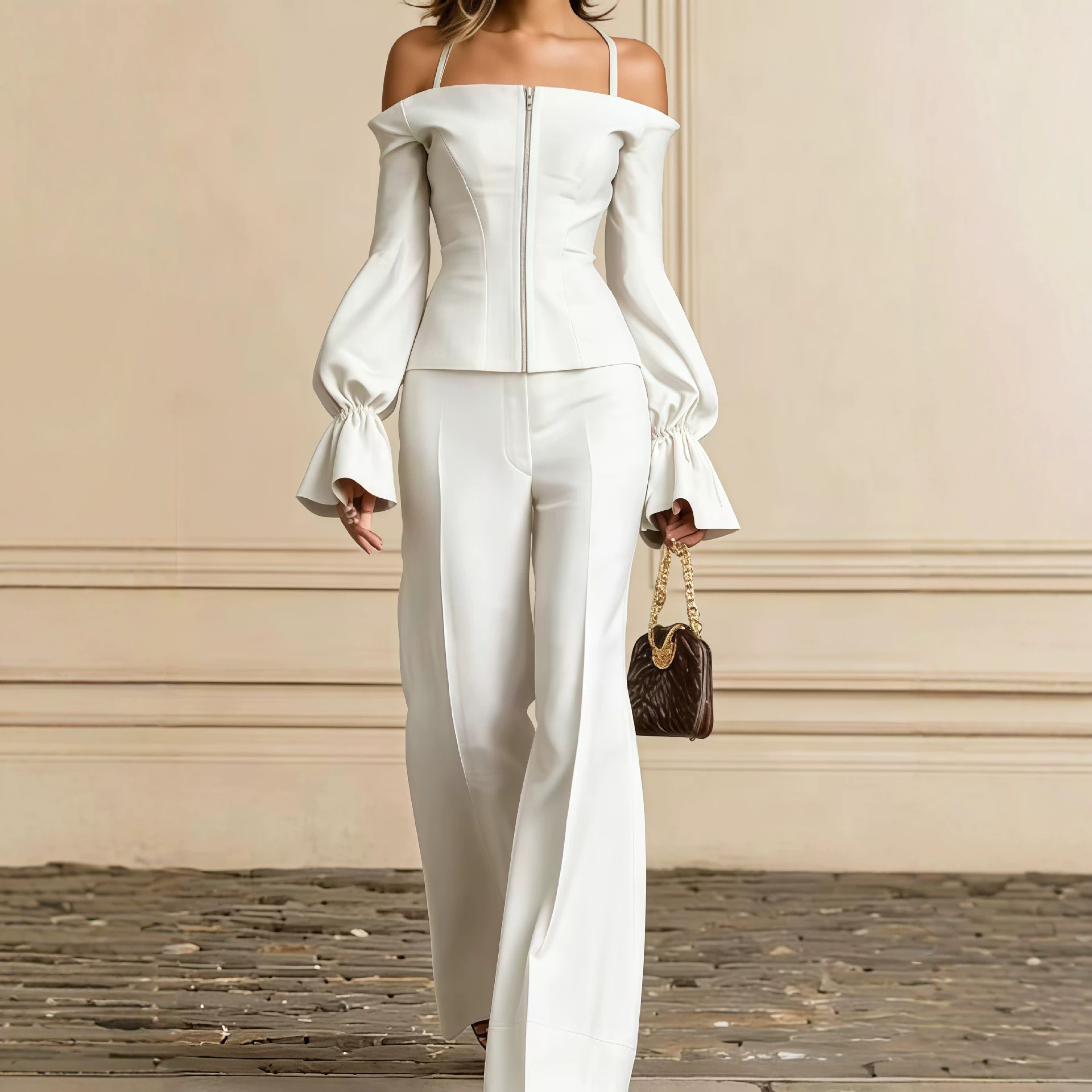 Wide Leg Palazzo Pants - ชุดกางเกง 2 ชิ้นสำหรับผู้หญิง เสื้อสายเดี่ยวสีพื้น แขนทรงโคม ซิป