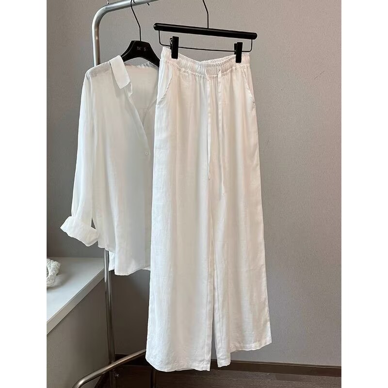 Wide Leg Palazzo Pants - ชุดเสื้อกางเกงขายาวผ้าฝ้ายลินินสีขาวสไตล์เกาหลีสำหรับผู้หญิง แฟชั่นหลวมๆ เอวยางยืด กางเกงลำลอง เสื้อแขนยาว ผู้หญิง