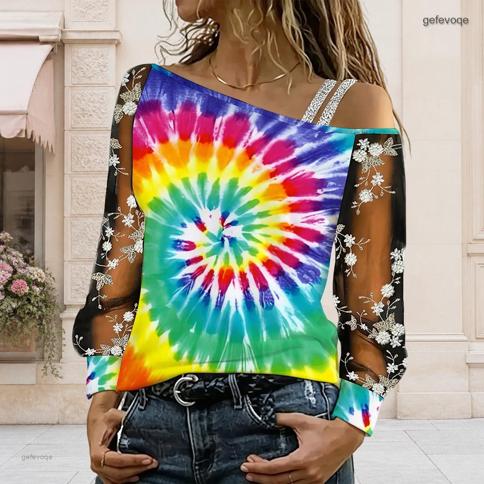 Asymmetric Top Women - เสื้อผู้หญิงเปิดไหล่ ทรงไม่สมมาตร ไหล่เดียว แต่งลูกไม้ลายดอกไม้ ผ้าตาข่าย แขนยาว