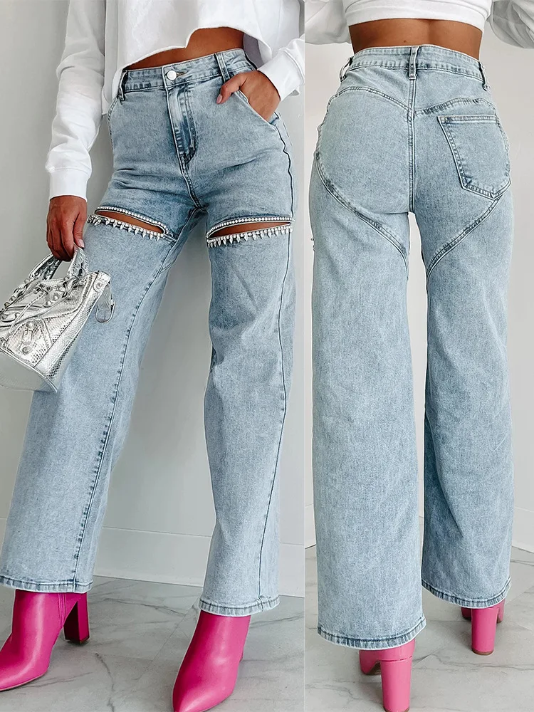 Mom Jeans Women - แฟชั่นผู้หญิงกางเกงยีนส์กางเกงเอวสูงอเนกประสงค์สบายๆตรงกางเกงยีนส์หญิง Y2k Streetwear 2024 ฤดูใบไม้ผลิ/ฤดูร้อน