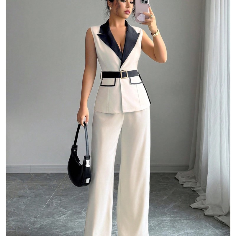 Wide Leg Palazzo Pants - ชุดสูทผู้หญิง กางเกงขายาว เสื้อกั๊ก ชุดเซ็ต 2 ชิ้น
