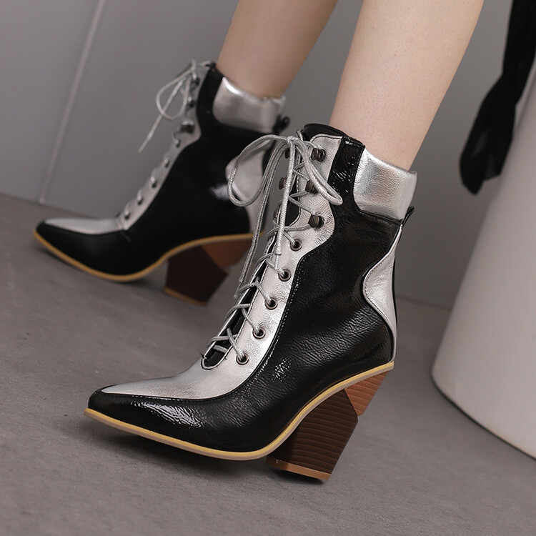 Women'S Fashion Edgy - รองเท้าบูทหุ้มข้อหนังสองสีสำหรับผู้หญิง ดีไซน์แบบผูกเชือก ส้นบล็อก ดีไซน์ทันสมัย เรียบหรู สำหรับแฟชั่นลำลองในเมือง
