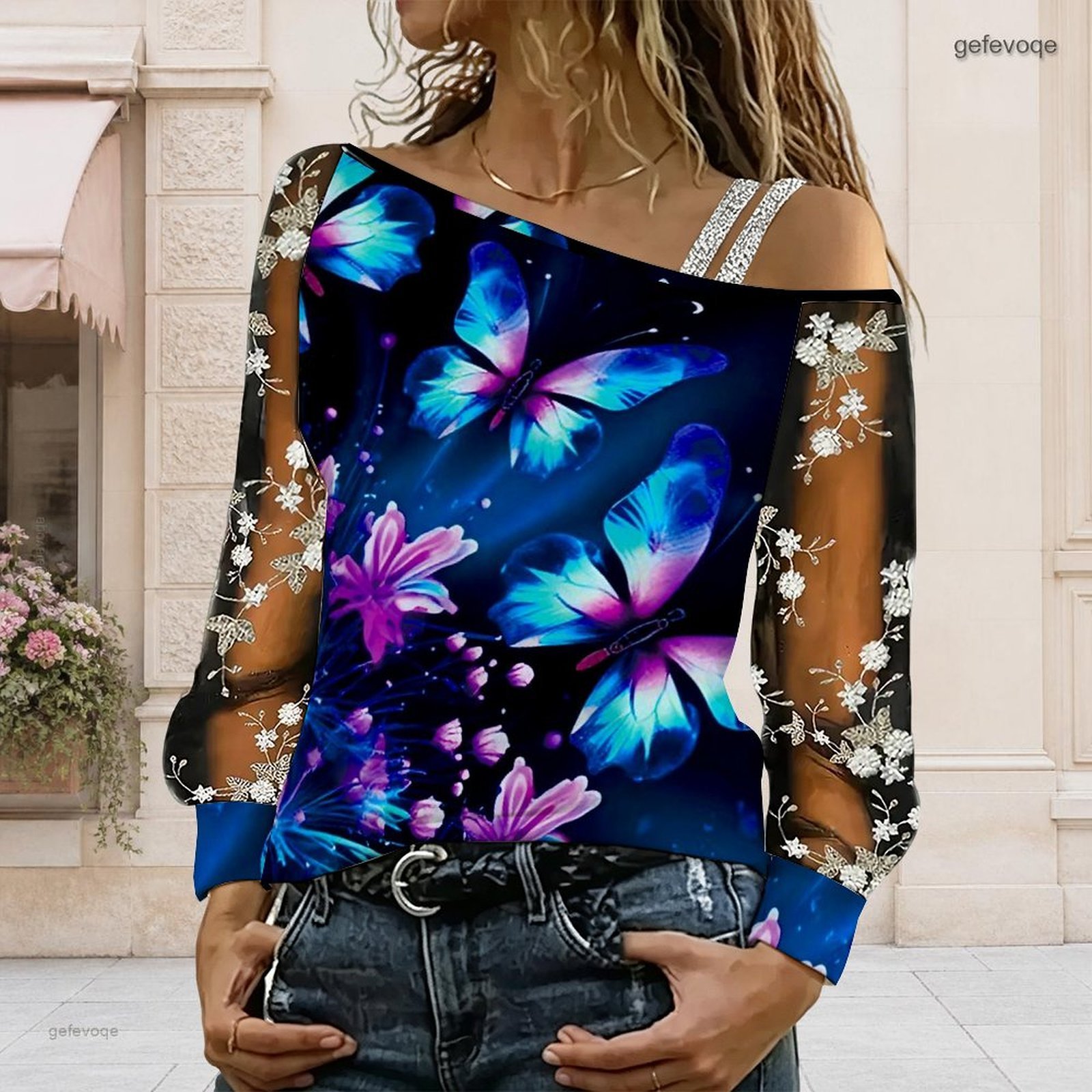 Asymmetric Top Women - เสื้อผู้หญิงเปิดไหล่ ทรงไม่สมมาตร ไหล่เดียว แต่งลูกไม้ลายดอกไม้ ผ้าตาข่าย แขนยาว