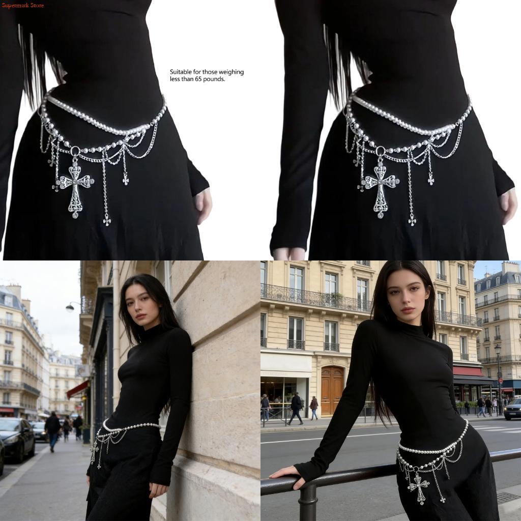 Women'S Fashion Edgy - E06E Edgy Crosses Design โซ่เอวโซ่ไข่มุกสำหรับคอนเสิร์ต Punk