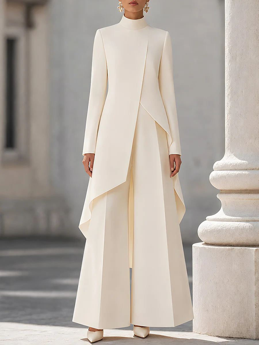 Wide Leg Palazzo Pants - ชุดเซ็ตผู้หญิงสองชิ้น เสื้อคอเต่าแขนยาวชายเสื้อไม่สมมาตร กางเกงขายาวเอวสูงทรงขากว้าง ชุดสูททางการ