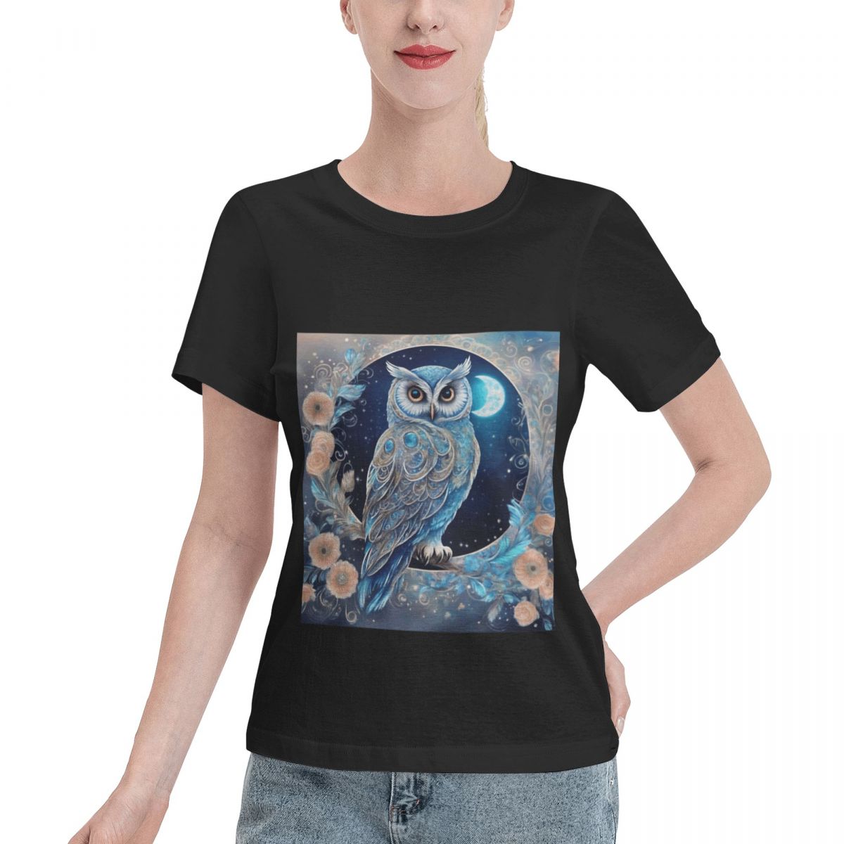 Women Fashion Now - กำลังมาแรงตอนนี้ เสื้อยืดผู้หญิงลายนกฮูกแฟนตาซีที่ล้อมรอบด้วยดอกไม้ แสงจันทร์ และดวงดาว เสื้อแฟชั่นผู้หญิง OOTD