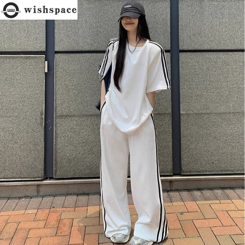 Wide Leg Palazzo Pants - ชุดลำลองทรงหลวมสำหรับผู้หญิงชุดสองชิ้นเสื้อยืดแขนสั้นแบบหลวมสำหรับฤดูใบไม้ผลิ/ฤดูร้อน