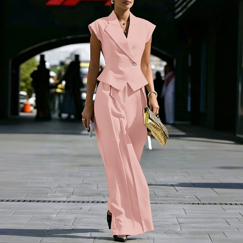 Wide Leg Palazzo Pants - ZANZEA ชุดฤดูร้อนแบบจับจีบสำหรับผู้หญิง ชุดทำงานสำหรับสุภาพสตรี คอปกเสื้อแบบพับได้ กางเกงสูท สีพื้น