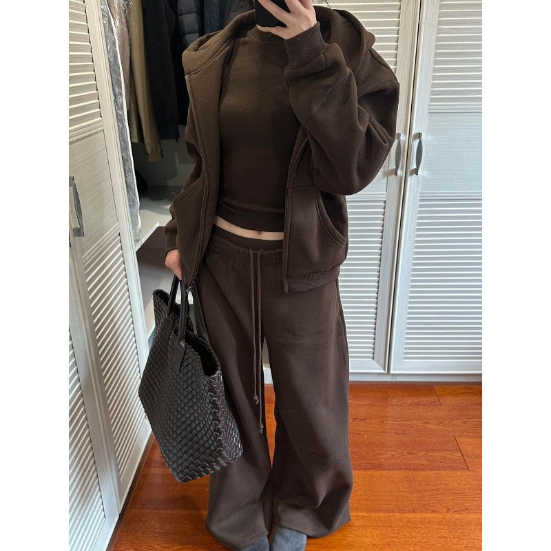 Wide Leg Palazzo Pants - ชุดเสื้อสเวตเตอร์ลำลองสไตล์อเมริกันสำหรับผู้หญิง ชุดสองชิ้นสำหรับฤดูใบไม้ร่วง ประกอบด้วยเสื้อแจ็คเก็ตมีฮู้ดทรงหลวมสไตล์เรโทรและกางเกงขายาวทรงขากว้าง