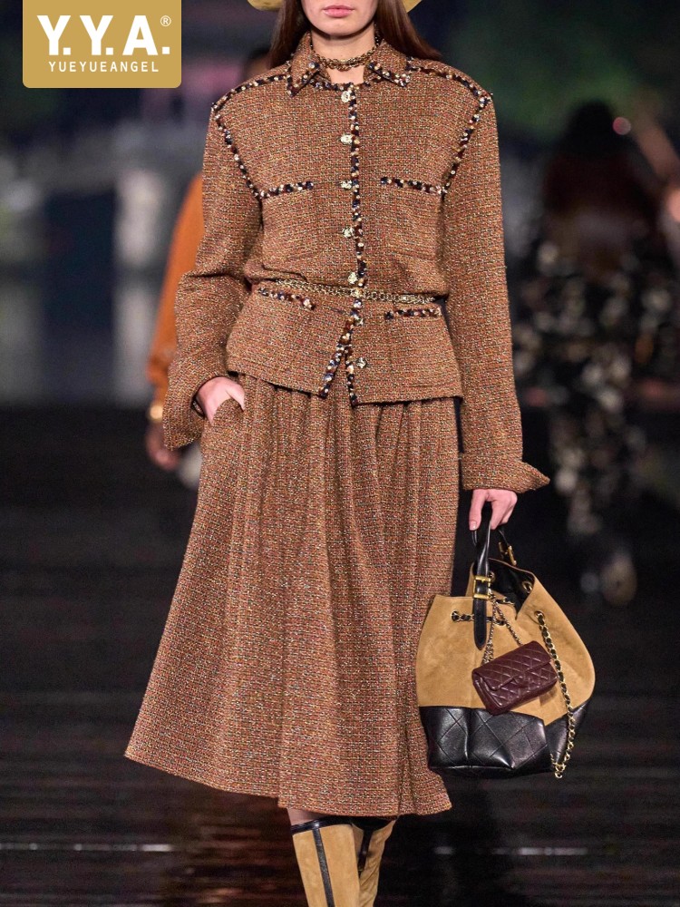 Belted Shirt Dress - ชุดแจ็คเก็ตทวีดปักเลื่อมคอปกแบบพับได้สำหรับผู้หญิง ดีไซน์หรูหรา พร้อมเข็มขัด กระดุมแถวเดียว เสื้อโค้ทฤดูใบไม้ร่วง ชุดเซ็ตสองชิ้น