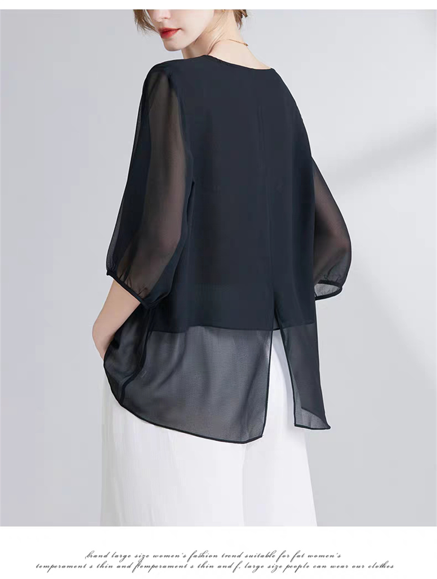 Asymmetric Top Women - เสื้อชีฟองสไตล์เกาหลีสำหรับผู้หญิงไซส์ใหญ่ เสื้อแขนกลางสีดำขาว ดีไซน์แฟชั่นแบบไม่สมมาตร