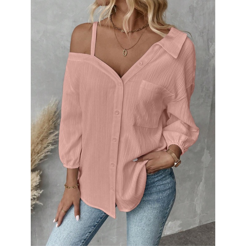 Asymmetric Top Women - เสื้อผู้หญิงไซส์ใหญ่ 1XL-5XL เสื้อเบลาส์ผู้หญิง กระดุมแถวเดียว เปิดไหล่ มีกระเป๋า