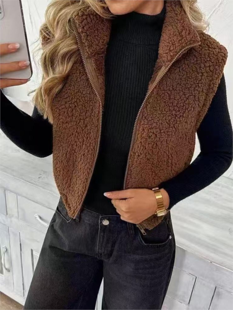 Women'S Fashion Gilet - เสื้อกั๊กขนนุ่มสำหรับผู้หญิง แฟชั่นฤดูใบไม้ร่วง คอตั้ง ซิป ไม่มีแขน สีพื้น