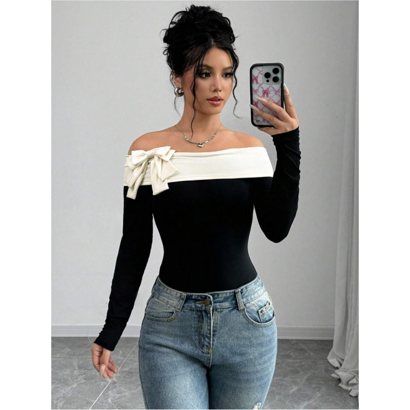 Women Fashion Wear - ชุดบอดี้สูทประดับโบว์ผูกไหล่ | ชุดลำลองและทันสมัยสำหรับใส่ทุกวัน สไตล์หรูหรา สีพื้น เรียบง่าย