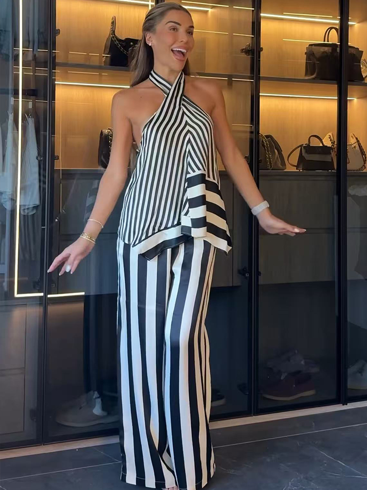 ชุดเซ็ตเสื้อกล้ามคอไขว้ลายทางส - Wide Leg Palazzo Pants บทวิจารณ์และราคา